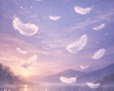 Dreamy ethereal scene with white feathers gracefully floating over a tranquil lake at sunset, surrounded by soft purple and