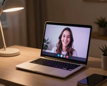 A warm, dimly lit North American home office at night. A laptop is open showing a friendly video call interface with a smiling person. Soft lavender and gold light glows from the screen, creating a sense of safe connection.