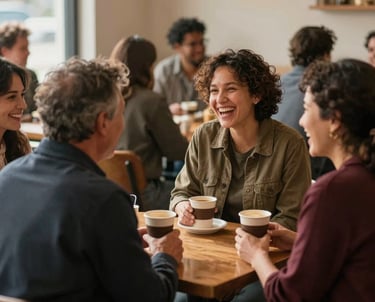 A North American community setting where a diverse group of people is engaged in a heartfelt, laughing conversation over coffee. The atmosphere is warm and golden, emphasizing belonging and shared joy.
