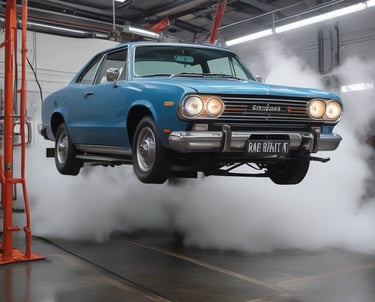 A friendly technician steaming a sleek black car under warm orange lighting.