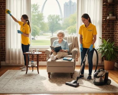 Professional home health aides provide cleaning and vacuuming services for a senior in St. Louis.
