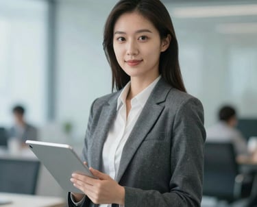 A professional portrait of a woman in a smart blazer, holding a digital tablet. The background is a blurred office with #9EB7C2 tones, suggesting a focus on distribution and modern logistics.