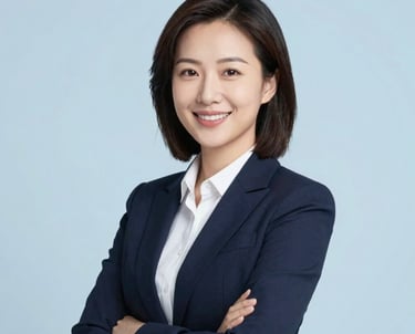 A professional portrait of a woman in business attire, smiling warmly against a soft blue (#EBF2F6) background. The style is modern and high-end, representing a corporate leader in the education sector.