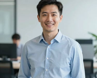 A professional portrait of a man in a modern workspace. He has a friendly expression and is dressed in professional casual attire. The lighting is clean and bright, incorporating #0A1C2C and #EBF2F6.