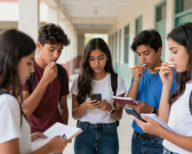 A diverse group of Mexican teenagers using smartphones to record voice notes in a modern school hallway.