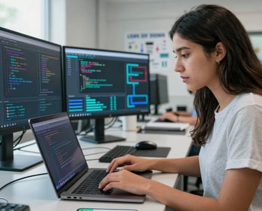 Latina teenager recording a voice note on her smartphone while studying in a modern library.