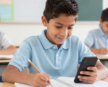 A young Mexican primary school student smiling while solving a colorful digital challenge on a tablet in a bright classroom.