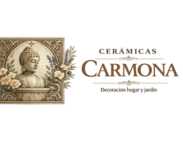 Cerámicas Carmona logo featuring a Buddha relief for home and garden decoration.