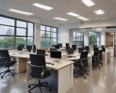 A team of designers and developers collaborating over laptops in a bright, modern office.