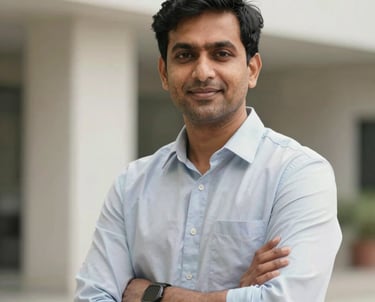 A professional headshot of a male consultant in a South Asian / Global environment, with a confident posture and friendly expression, set against a light-colored, architectural background.