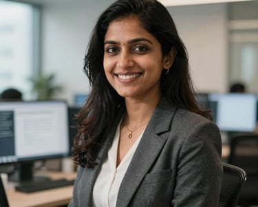 A professional portrait of a female SEO expert in a South Asian / Global modern office setting, smiling warmly, wearing smart business attire, with a soft-focus background of a digital workspace.
