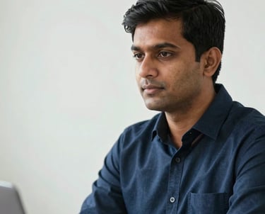 A professional portrait of a male digital marketer in a South Asian / Global setting, looking focused and knowledgeable, wearing a crisp navy shirt, against a bright and clean studio backdrop.