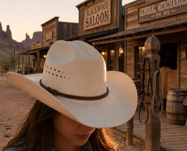 Femme portant un chapeau de cowgirl devant un saloon western en bois dans un décor désertique américain au coucher du soleil
