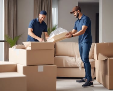 Professional movers carefully packing household items in a cozy living room.