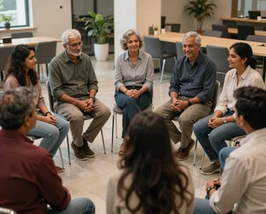 A supportive circle of South Asian / Indian individuals of various ages sitting in a modern community center, sharing experiences in a safe, compassionate environment.