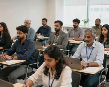 A group of South Asian / Indian educators and professionals attending a certification workshop in a bright, modern learning center with professional atmosphere.