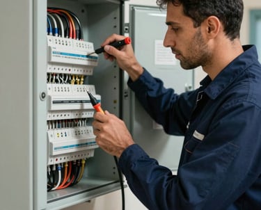Technicien réalisant une installation électrique bâtiment professionnelle en Algérie
