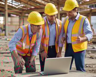 A professional wearing a hard hat and safety vest conducting a workplace safety inspection.