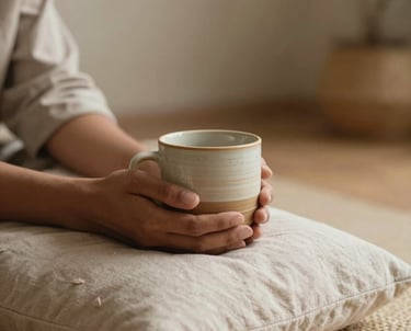 A minimalist lifestyle photograph of an individual holding a handmade warm ceramic mug with both hands, sitting peacefully on a light linen floor cushion. Warm lighting, calm earthy colors, soft-focus background of a highly refined digital sanctuary. Global / South Asian context.
