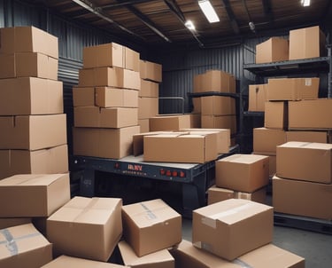 A delivery truck unloading appliances at a residential home.