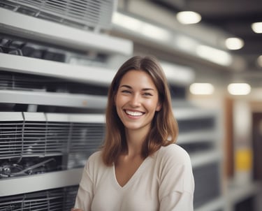 A friendly store employee assisting a customer with home appliances.