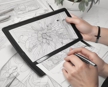 A vibrant workspace showing Carlos collaborating with his team on digital design projects.