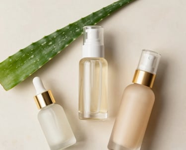 A serene flat lay of gentle cleansers and toners surrounded by sprigs of fresh herbs and soft green leaves.