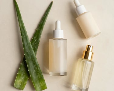 Elegant bottles of serums and oils arranged on a champagne gold tray with soft ivory fabric background.