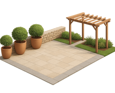 a garden with potted plants and a pergolized wooden pergol