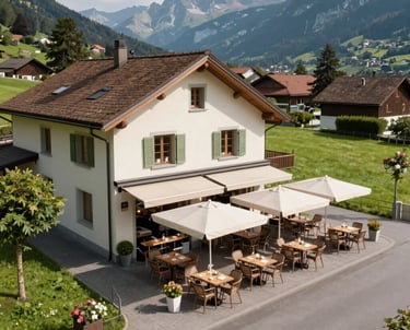 Drone flying over a charming Swiss hotel surrounded by nature at sunset.