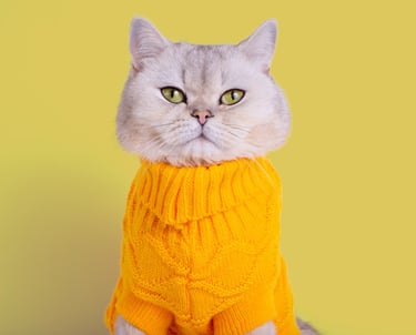 Gatito de pelaje corto portando un sueter de cuello alto tejido naranja