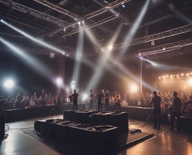 A vibrant event setup with professional lighting, sound equipment, and a lively crowd enjoying the atmosphere.