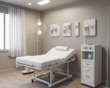 A serene treatment room with soft lighting and an IV hydration setup ready for an aesthetic session.