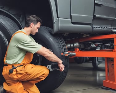 Technician aligning wheels of a truck using advanced equipment.