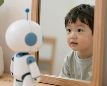 Robot child looking into a mirror at a human child looking back