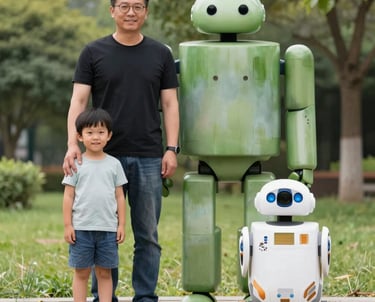 A human father and child next to a Robot father and child