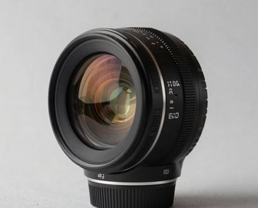 A minimalist studio shot of a high-end lens reflecting a terracotta light. Sharp focus, clean composition.