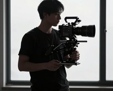Medium shot of a cinematographer silhouetted against a bright window, holding a rig. Minimalist composition, charcoal and silver tones.