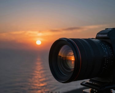A wide cinematic shot of a sunset over an international coastline, reflected in a camera lens. Deep orange and blue tones.