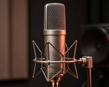 A close-up of a high-end microphone in a dark sound booth. Minimalist, professional, with terracotta lighting highlights.
