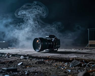 Cinematic wide angle shot of a film set at night, soft charcoal smoke in the air, deep cosmos blue shadows.