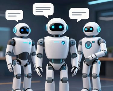 A sleek futuristic digital interface showing AI chatbot interactions in a corporate setting.
