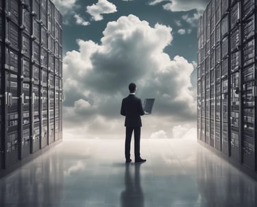IT professional with laptop in a modern data center with server racks and cloud computing background.