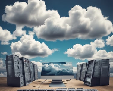 A desktop computer and server racks on a wooden desk with a cloud-filled sky background.