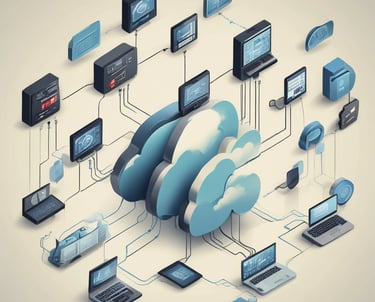 Isometric cloud computing illustration showing laptops and servers connected to a central data network.
