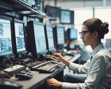Female IT professional monitoring data analytics on multiple computer screens in a high-tech control room.