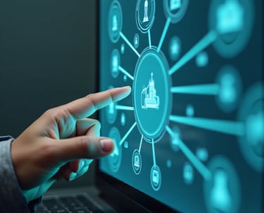 Hand touching a laptop screen displaying a glowing blue digital network for logistics and supply chain management.