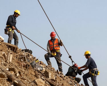 Technicians performing maintenance on mining equipment high above ground level with safety harnesses.