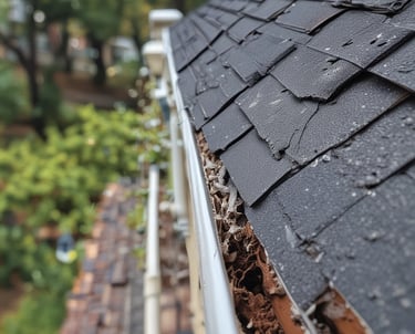 Close-up of a professional installing leafaway gutter guards blocking pine needles and leaves.
