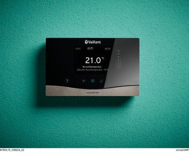 Vaillant sensoCOMFORT digital heating controller mounted on a textured green wall.